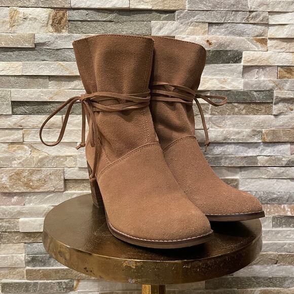 TOMS Brown Suede Ankle Boots | Lace Wrap, Block Heel, Size 8.5, Worn 1x - Picture 2 of 9